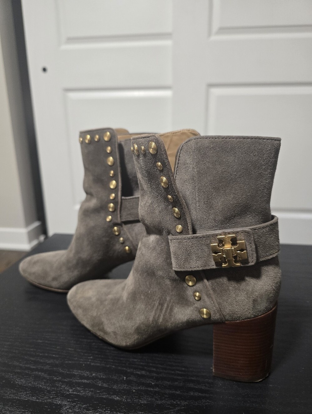 TORY BURCH Women's Suede Gray Ankle Boots with Gold Studs